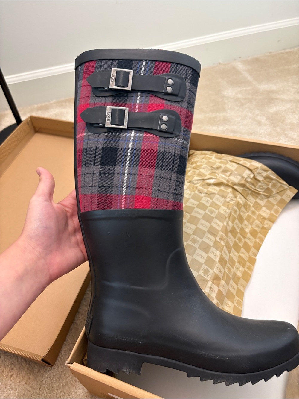 NEW IN BOX UGG Black Rain Boots with Red Plaid Top